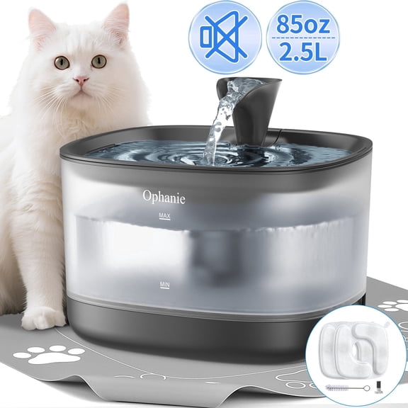 Ophanie 85oz/2.5L Cat Water Fountain with Detachable Tank, Easy & Safe to Clean and Assemble for Cat and Dog, with Replacement Filters & Silicone Mat, Gray