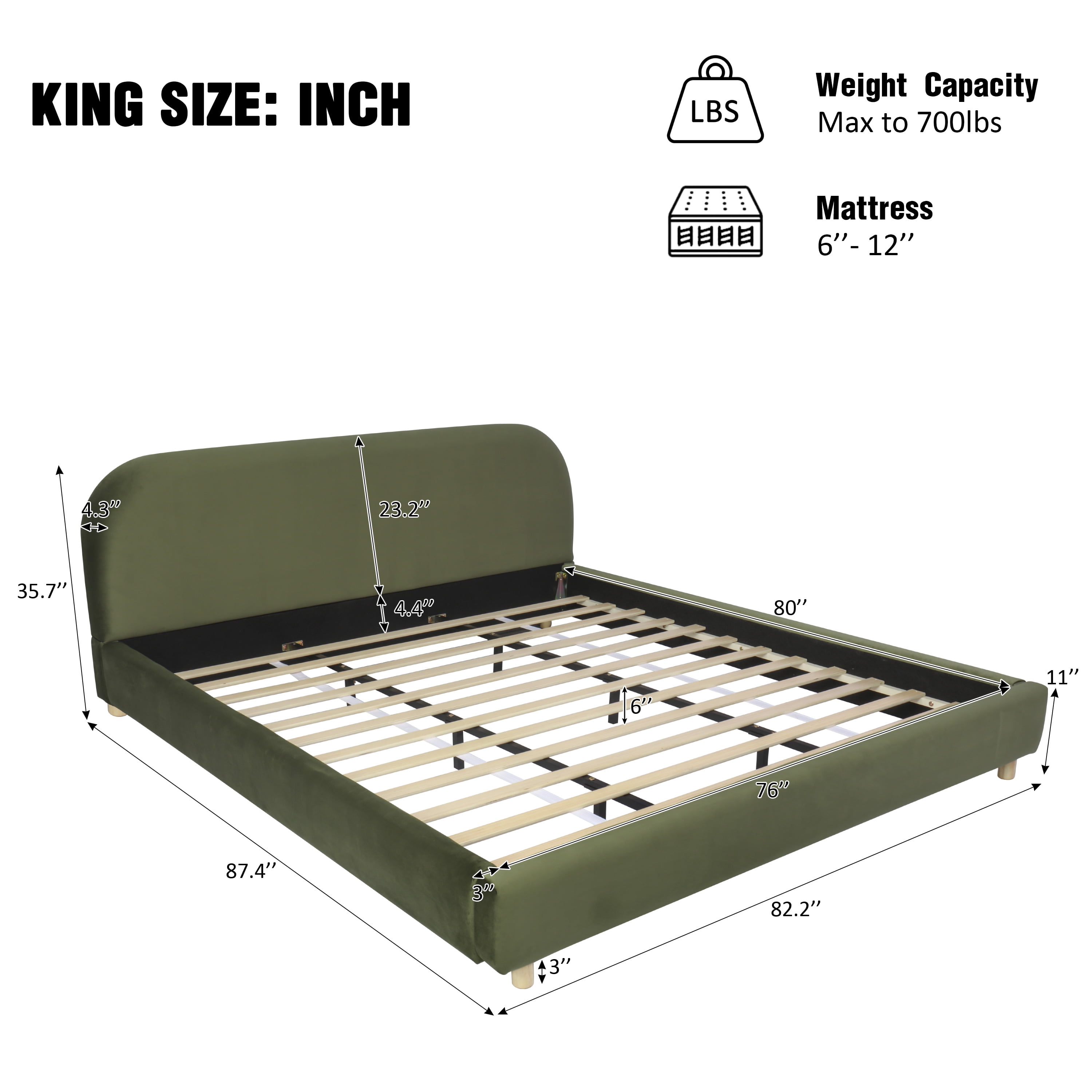 King Size Platform Bed with Plush Velvet Fabric, Curved Thick Padded Headboard, Upholstered Bed Frame with Wood Slats for Bedroom, Olive Green