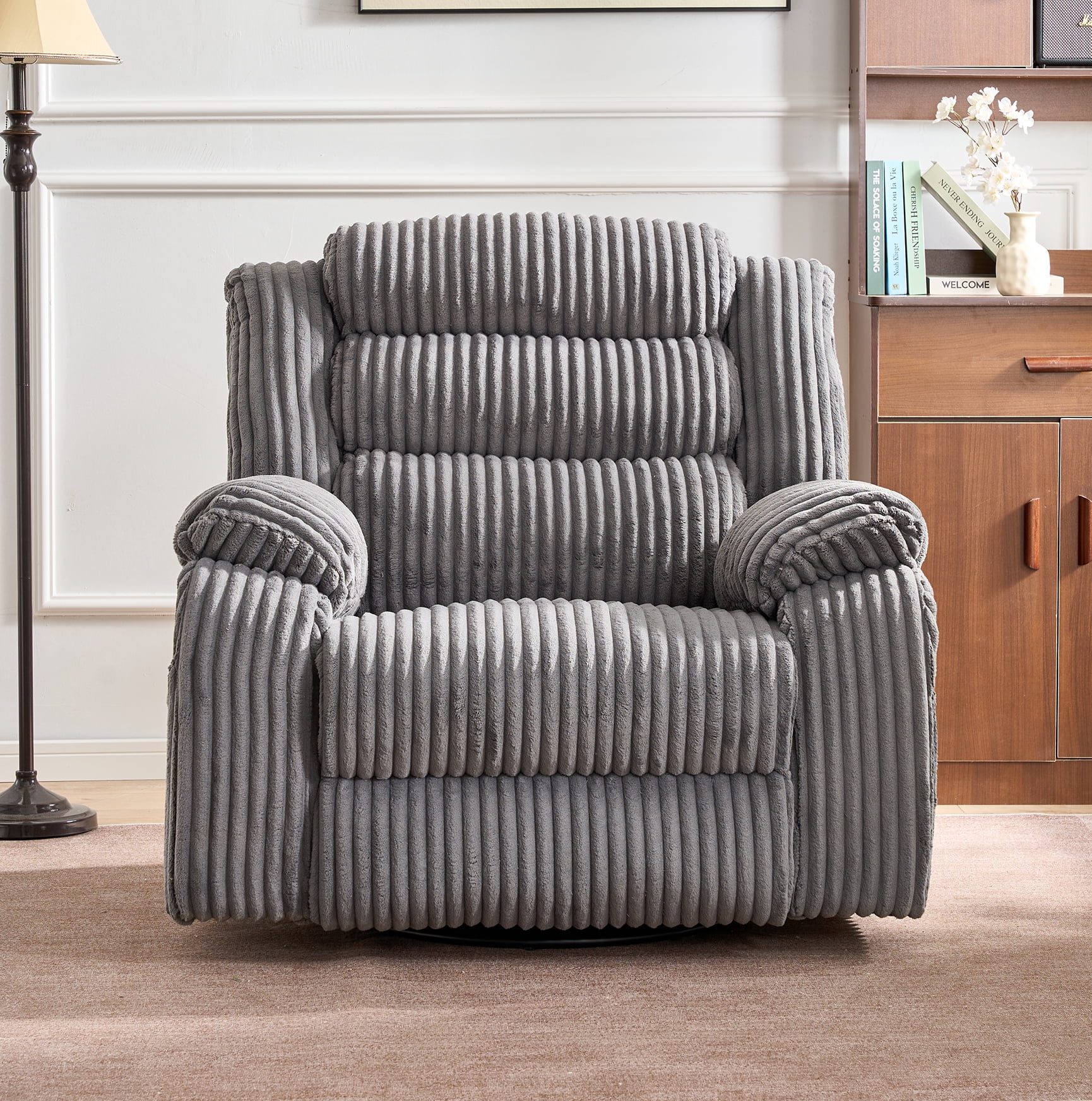 Leumius Extra Wide Power Recliner Chair,270° Swivel Rocking Chair with Heat & Massage,USB & Type C Charging Port,Velvet Upholstered Recliner with Side Pockets for Living Room, Bedroom, Nursery,Gray
