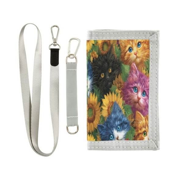 Cloth Wallet with Lanyard & Multiple Compartments Fashion Purse Zipper Clutch Bag for Cash Cards Coins Colorful Cat and Sunflowers