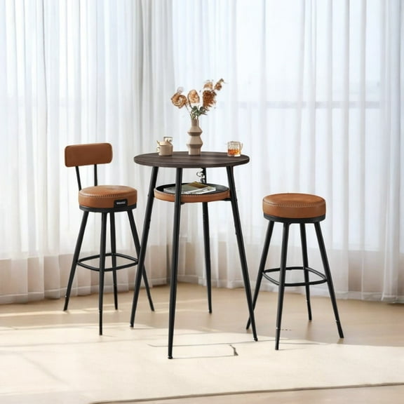 Round Bar Table with Storage, Ash Brown & Caramel Brown, Synthetic Leather, Mid-Century Modern, Easy Assembly