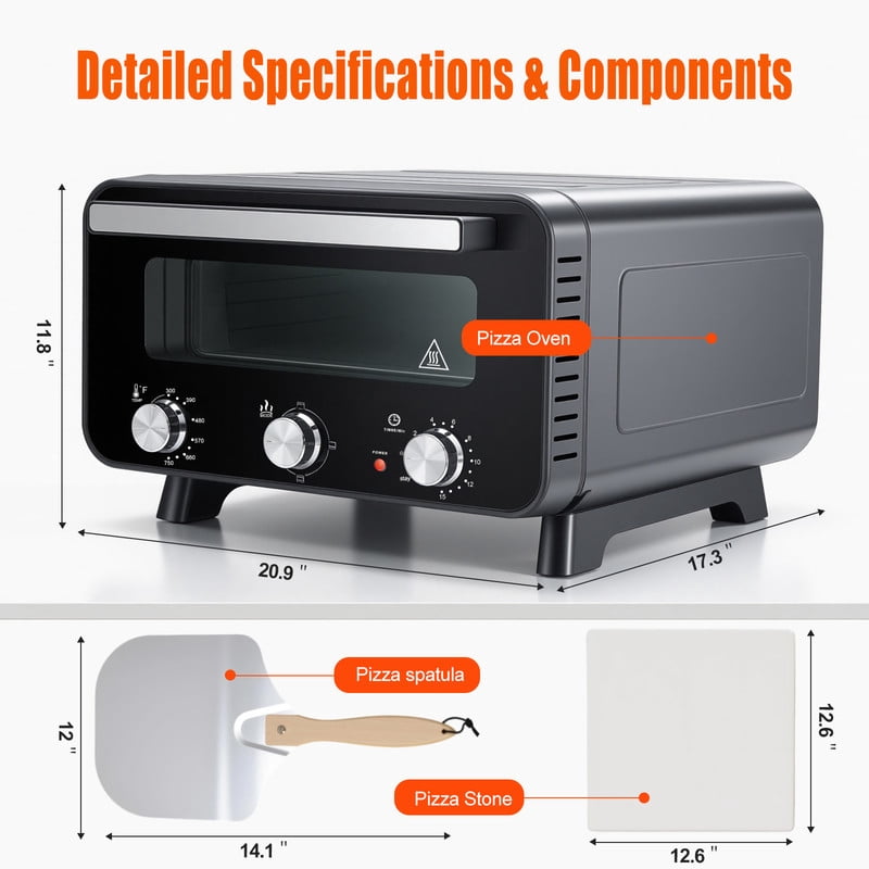 Gianna Pizza Oven Indoor, 1600W Electric Pizza Oven Fast Heating, 4 Modes Pizza Maker for 12 Inches, with Pizza Stone & Spatula, Upper-Bottom Independent Heating Temperature Control