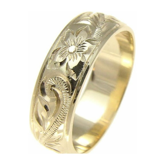 14K yellow gold hand engraved Hawaiian plumeria scroll band ring smooth edge 6mm size 9