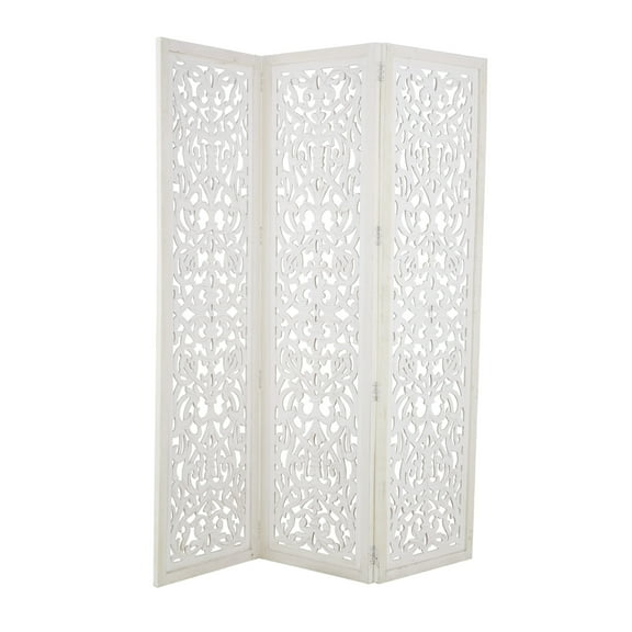 DecMode 60" x 69" White Wooden Floral Handmade Foldable Partition 3 Panel Room Divider Screen with Carved Design, 1-Piece