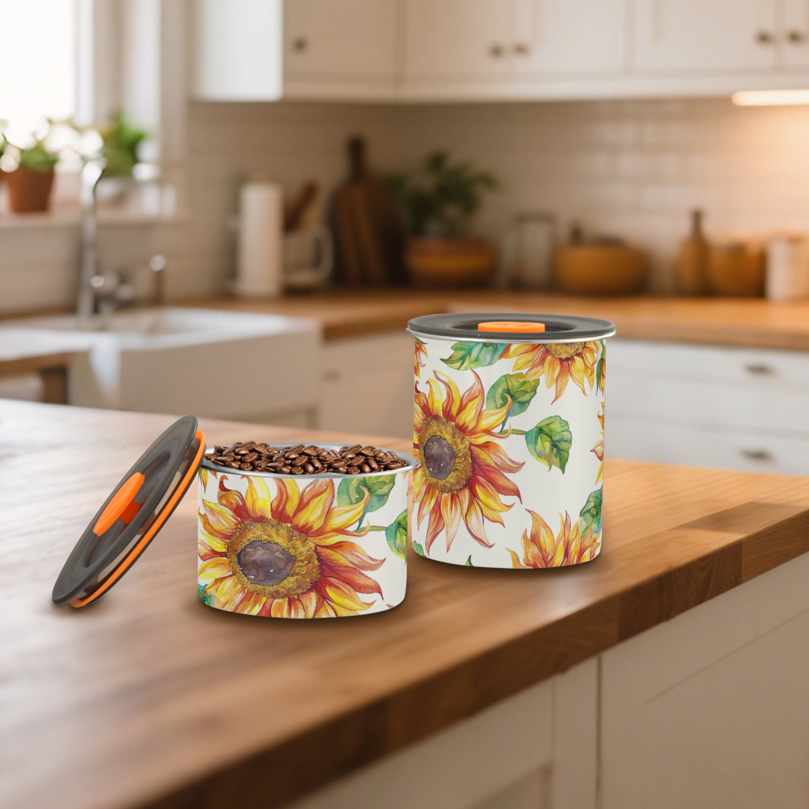 Yellow Sunflower Watercolor Airtight Coffee Bean Canister 30oz Food Storage Containers with Lids For Gournd, Tea, Sugar, Flour, Rice, Cereal, Candy Cookie Jar