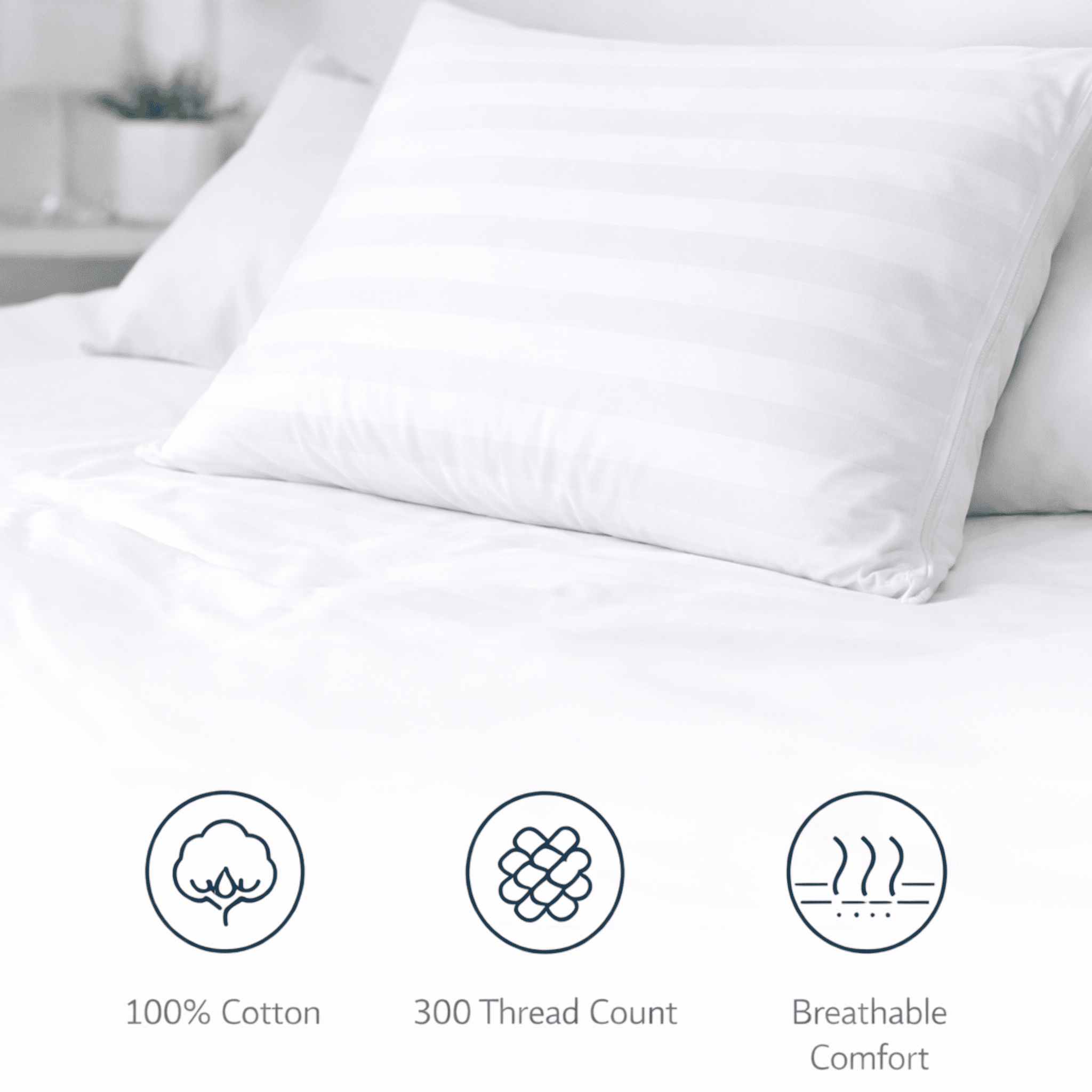 Continental Bedding 100% Cotton Damask Stripe Pillow Protector – 300 Thread Count, Zippered Hypoallergenic Cover - Queen - 2 Pack