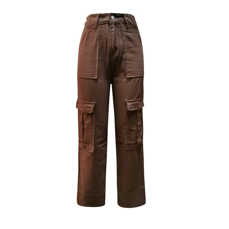 haxmnou women casual high waisted cargo pants wide leg casual denim trousers  multi pocket cargo jeans coffee s 