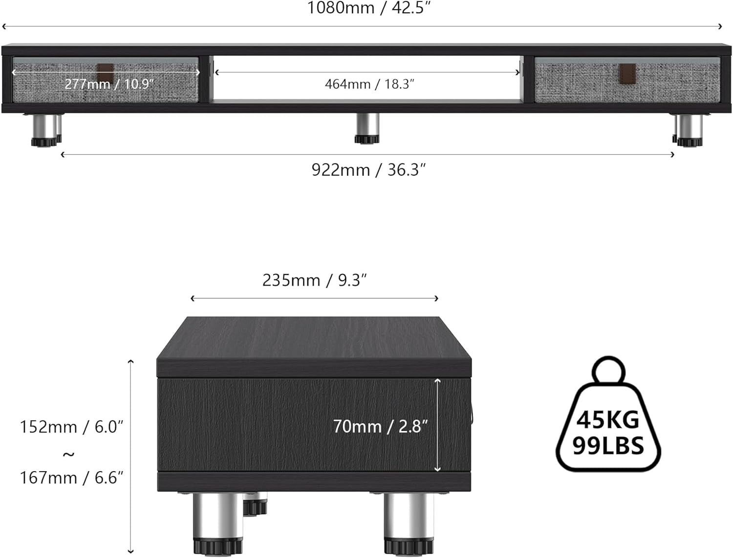 Monitor Stand, Dual Monitor Stand with 2 Drawers, Monitor Riser for 2 Monitors, Adjustable Height Computer Stand, Office Monitor Stands for Desk, Laptop, PC, TV, Printer