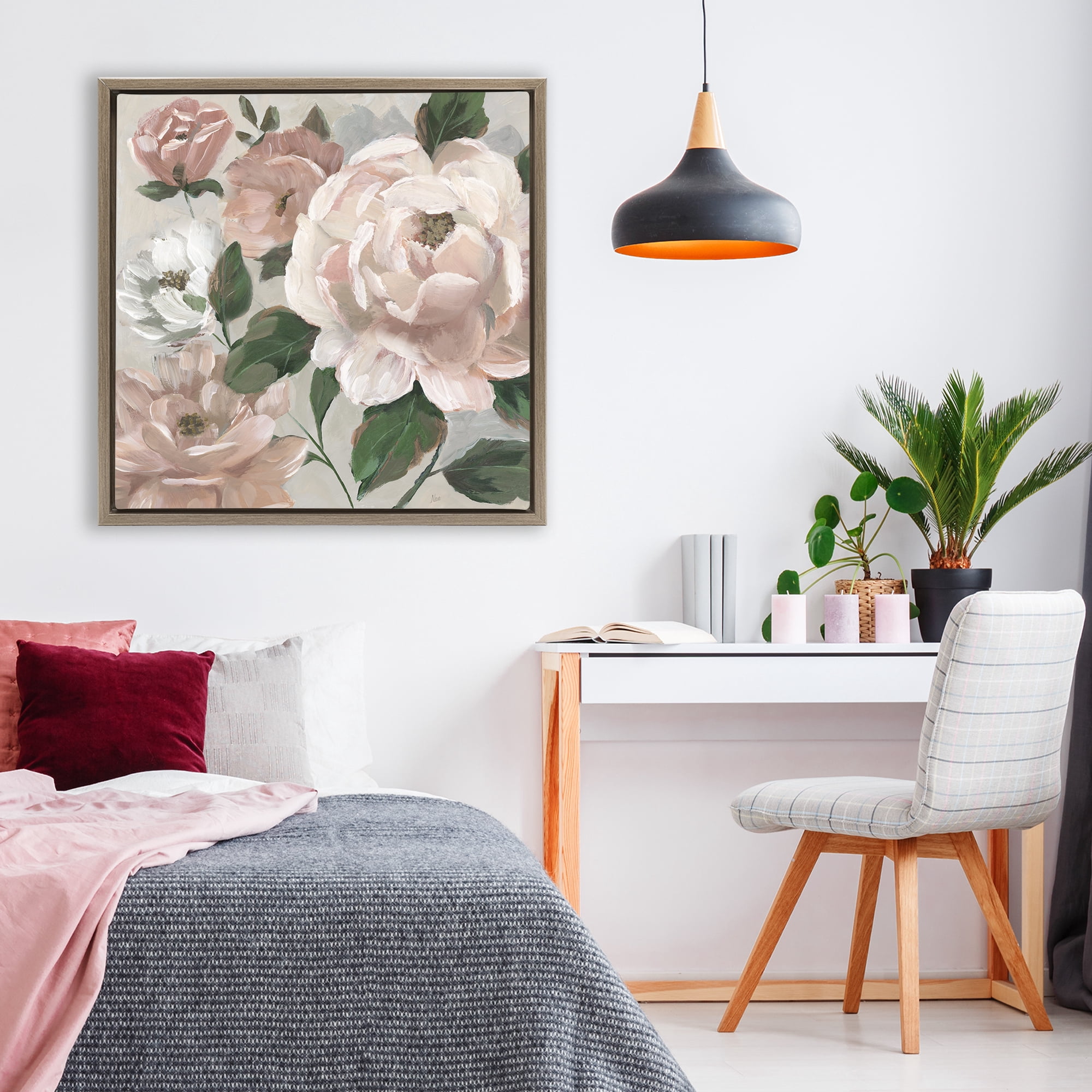 Stupell Industries Delicate Blush Peonies with Leaves Brown Framed Floater Canvas Wall Art, design by Nan