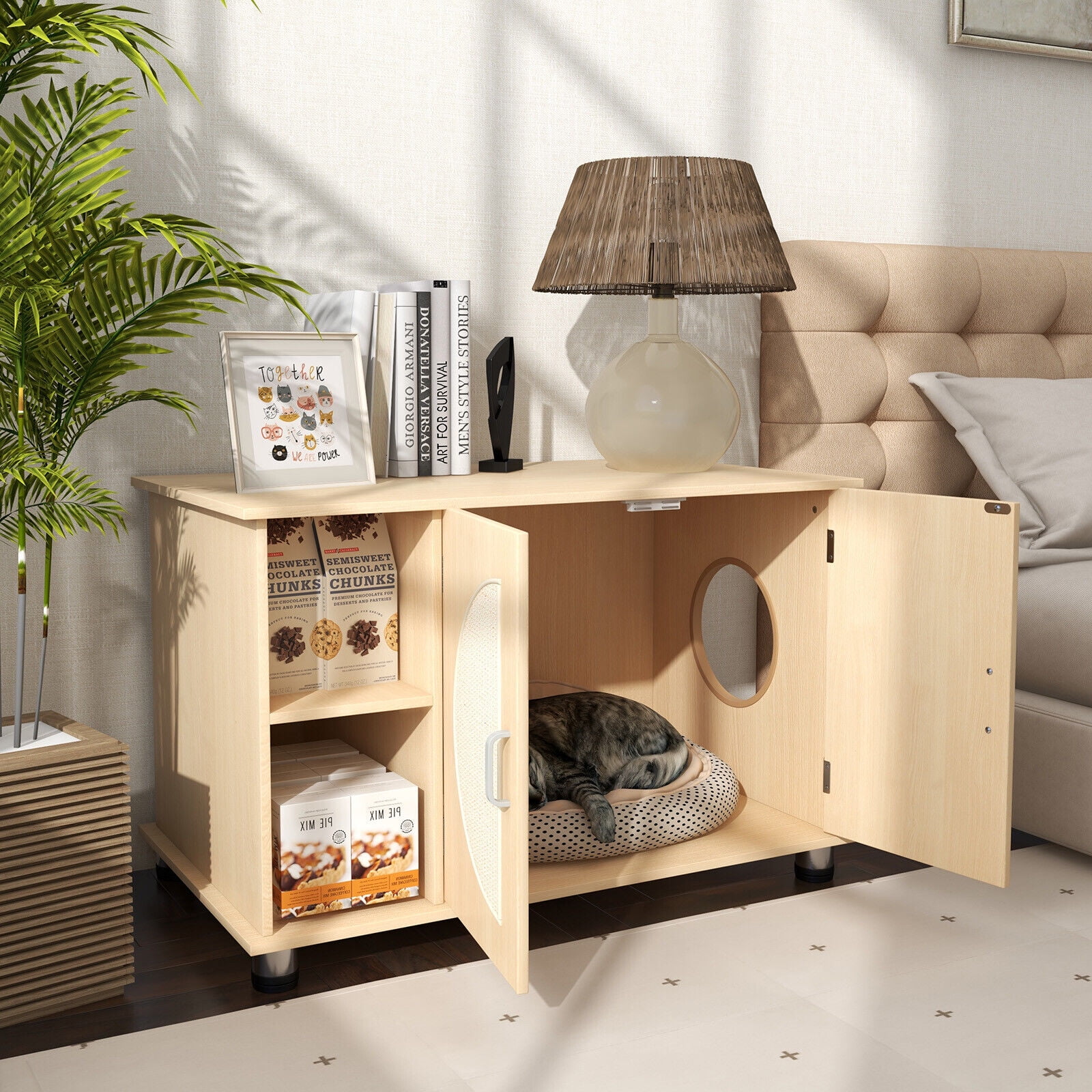 Amijoy Cat Litter Box Enclosure Hidden Cat Washroom Furniture w/ Storage Sisal Scratching Doors Adjustable Metal Feet