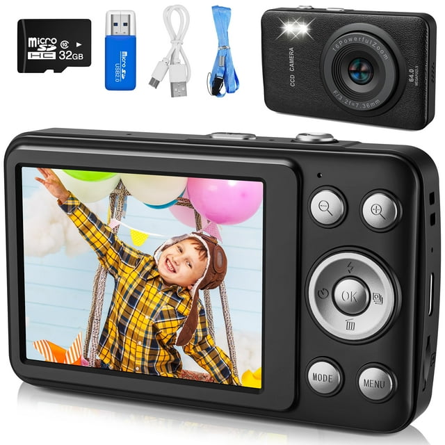 Cámara de vídeo digital Awinto para niños con tarjeta SD MP3 de 32 GB, negra