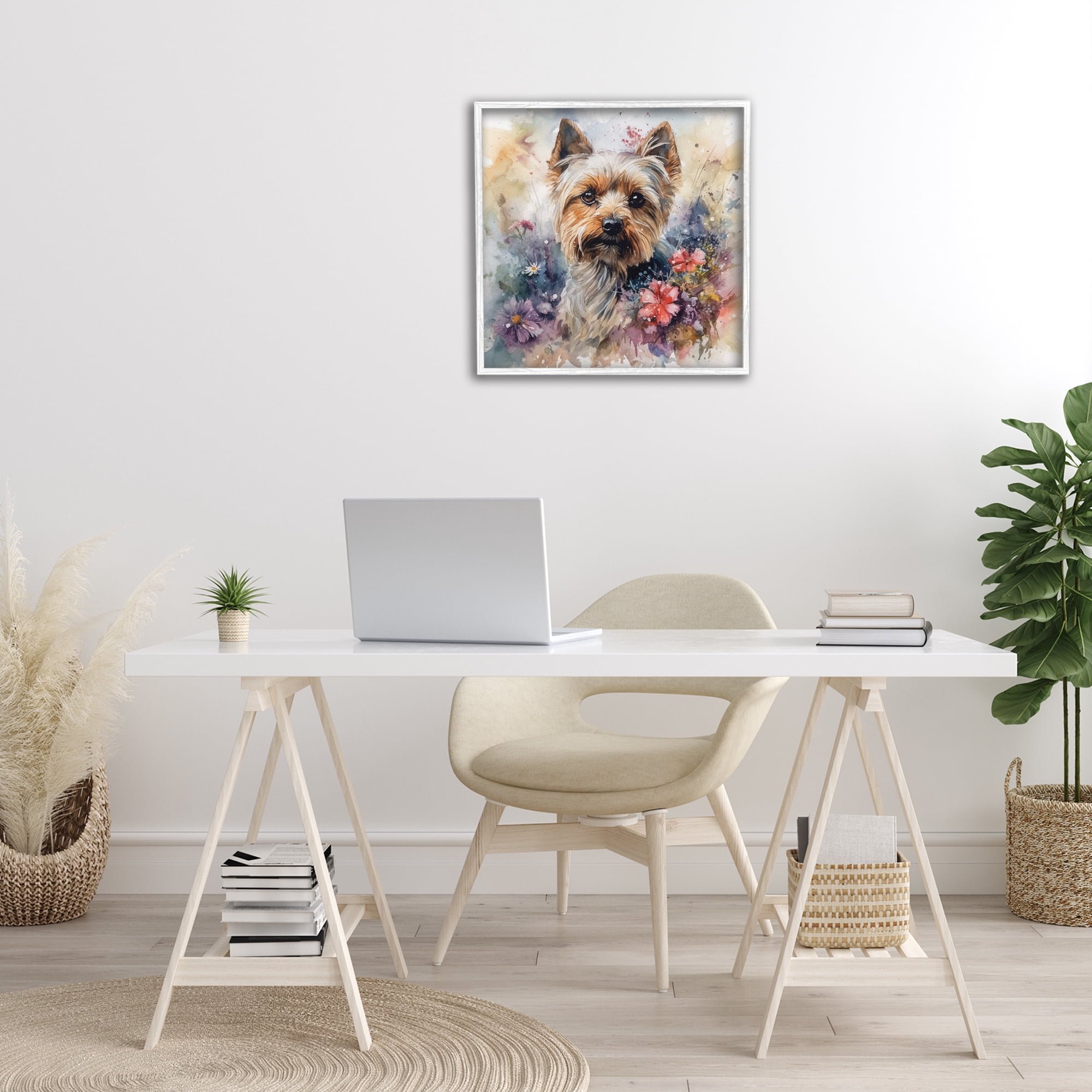 Stupell Industries Floral Adorned Yorkie Animals & Insects Painting White Framed Art Print Wall Art, 24 x 24