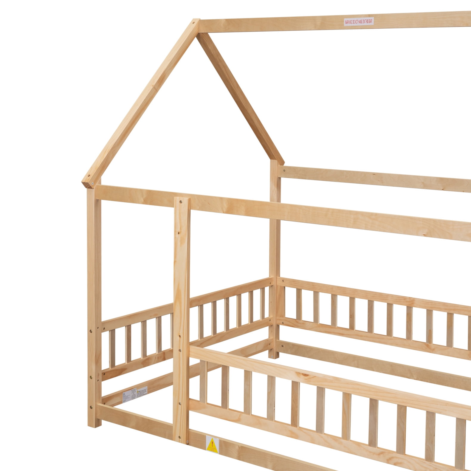 Full Size Floor Bed Frame for Kids,Montessori Floor Bed with House Roof Frame and Fence Guardrails,Low Wooden Playhouse Bed for Girls and Boys,Natural