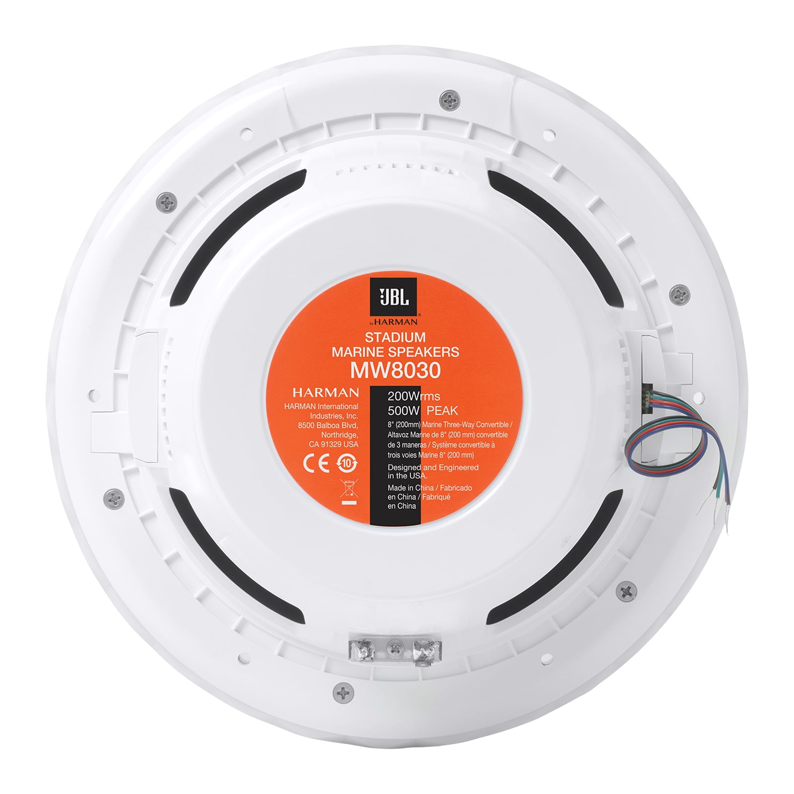 One Pair (QTY 2) Of JBL Stadium Marine MW8030 8" 500 Watts Max Power 3-Way Convertible White Marine Audio Speakers with MultiColor RGB LED Lighting (Bulk Packaging), 20 Feet 16 Gauge Speaker Wire