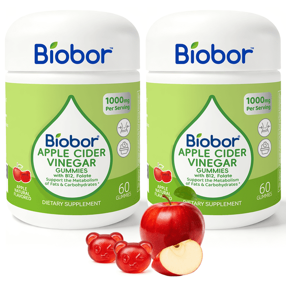 Biobor 2 Packs ACV Gummies for Weight Loss Support, Apple Cider Vinegar 1000mg with 400mg Folate & Vitamin B12, No Sugar Added, 60 Count