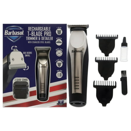 Rechargeable T-Blade Pro Trimmer and Detailer by Barbasol for Men - 8 Pc T-Blade, 3 Guide Combs, Detailer,