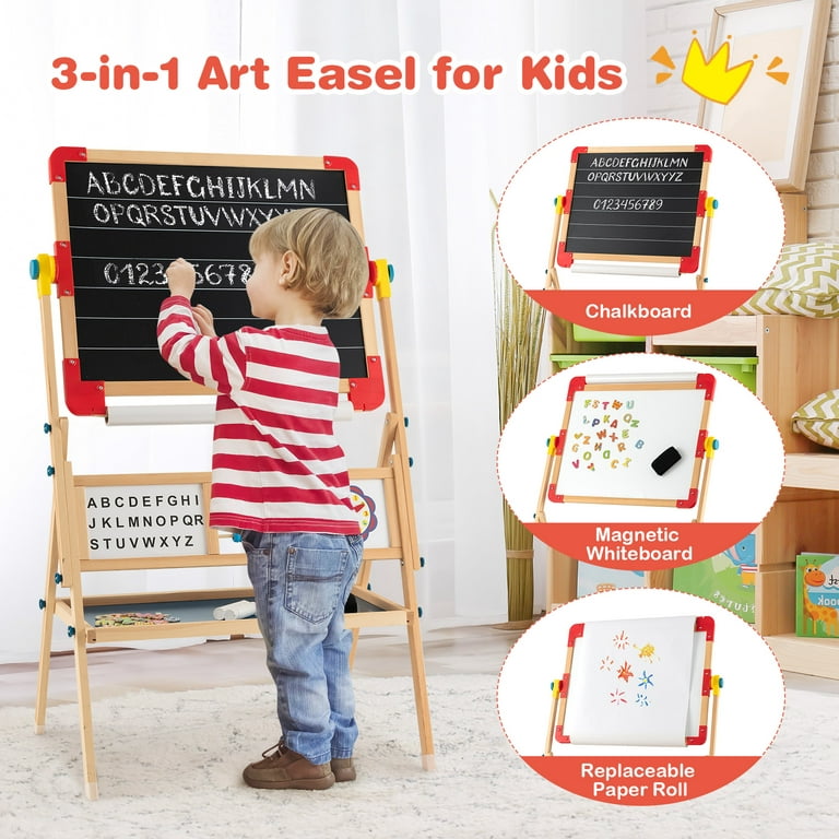 Kids Easel Wooden Art Easel with Drawing Paper Roll-Sided
