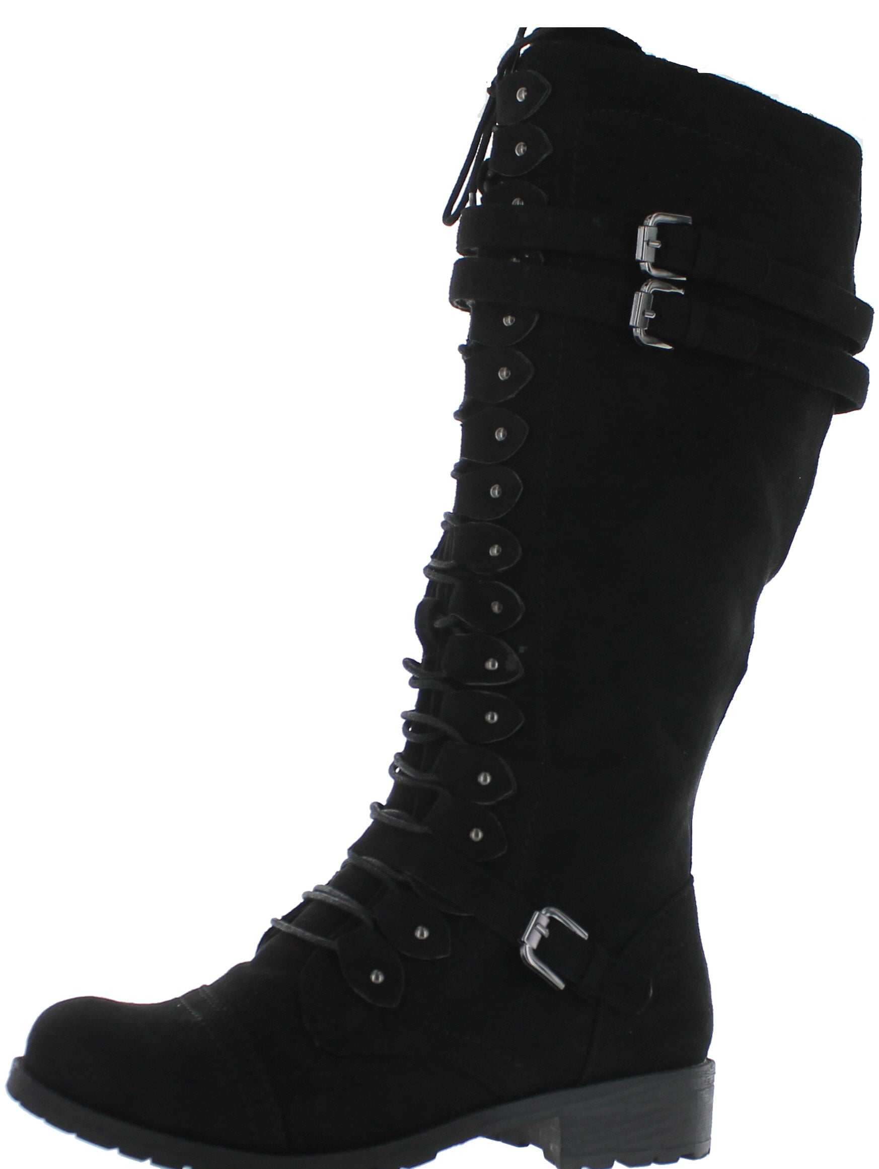 Wild Diva Timberly Womens Fashion Lace Up Buckle Knee High Combat Boots