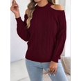 thumbnail image 4 of Women Cable Openwork Hollow Cut Out Cold Shoulder Crew Neck Long Sleeve Loose Pullover Sweater Wine Red M, 4 of 9
