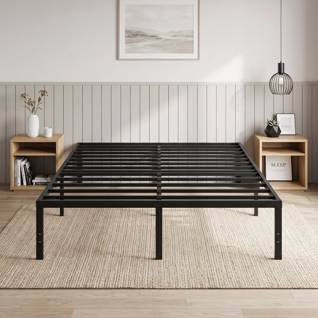 LEDREM King Size Metal Frame, Heavy-Duty Platform Bed with Under-Bed Storage, Easy Assembly for Bedroom, Black