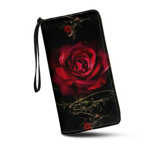 Red Rose Wallet for Women Leather RFID Blocking Design Zip Around Card Holder Organizer Ladies Travel Clutch Wristlet