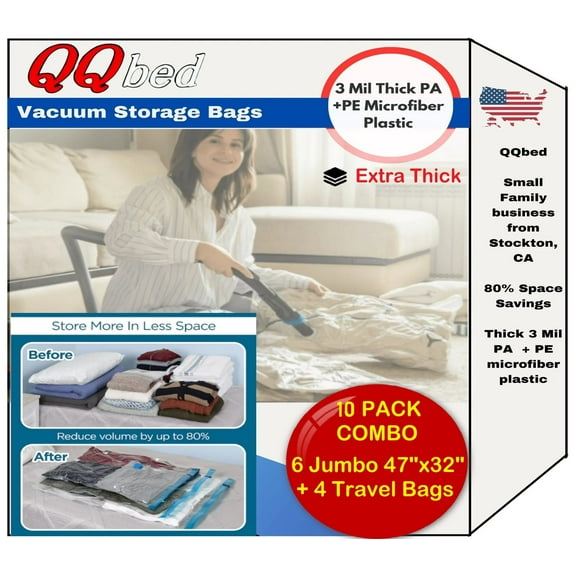 QQBed Vacuum Storage Bags Combo Pack, 10 Count – 6 Jumbo XL 47"x32" Space Saver Bags   4 Travel Bags