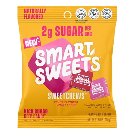 SmartSweets SweetChews Chewy Candy  Gluten Free Plant Based Healthy Snacks for Adults & Kids Low Sugar Pink Punch & Cherry Lemonade No Artificial Sweeteners 45g Bags 4 Pack