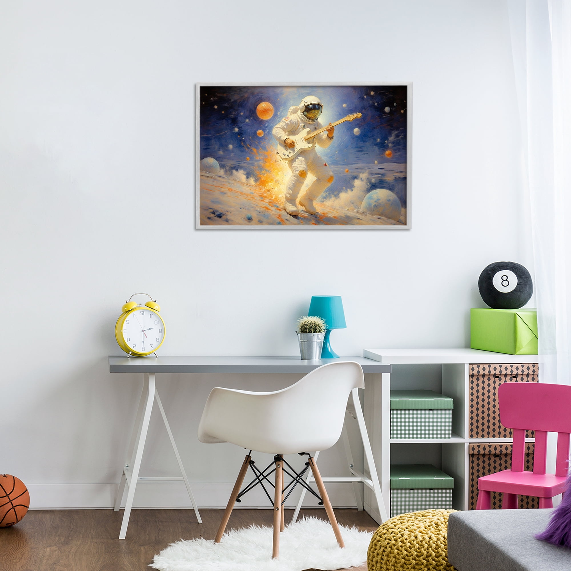 Space Astronaut Musician Gray Framed Giclee Art, design by Angie Hawke