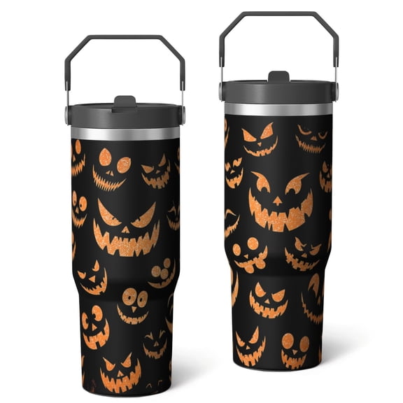 30 Oz Tumbler Halloween Emoji Orange Sequins Tumbler with Lid and Straw, Birthday Gift Cup for Friend Women Men Coffee Travel Mug Thanksgiving Day Halloween Christmas Gift Water Bottle