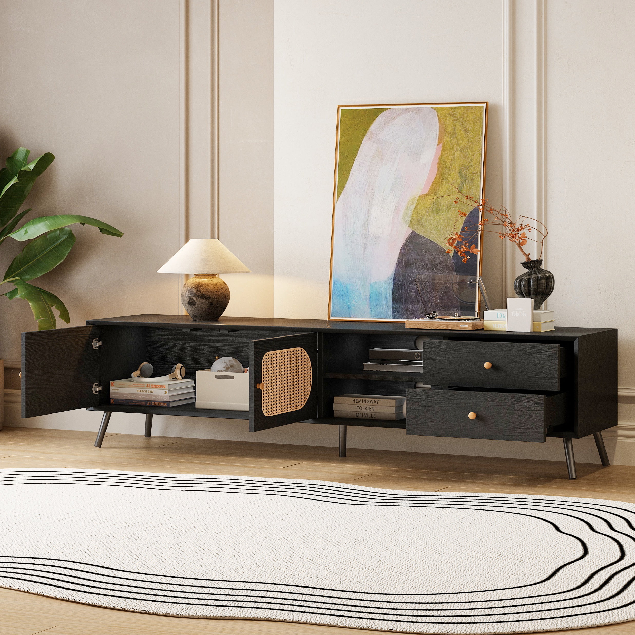 PAPROOS TV Stand for 80 inch TV, TV Cabinet with 2 Drawers & Rattan Door, Mid Century TV Console Table with Storage Cabinets, Entertainment Center for Living Room, Office, Black