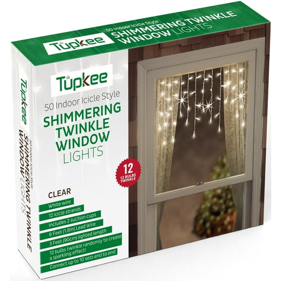 Tupkee Shimmering Twinkle Window Icicle Lights - 3 Feet 0.91 m, 12 of 50 Lights Twinkle - 50 Clear Incandescent Bulbs - Random Twinkle Christmas Window Icicle Lights - Indoor Outdoor