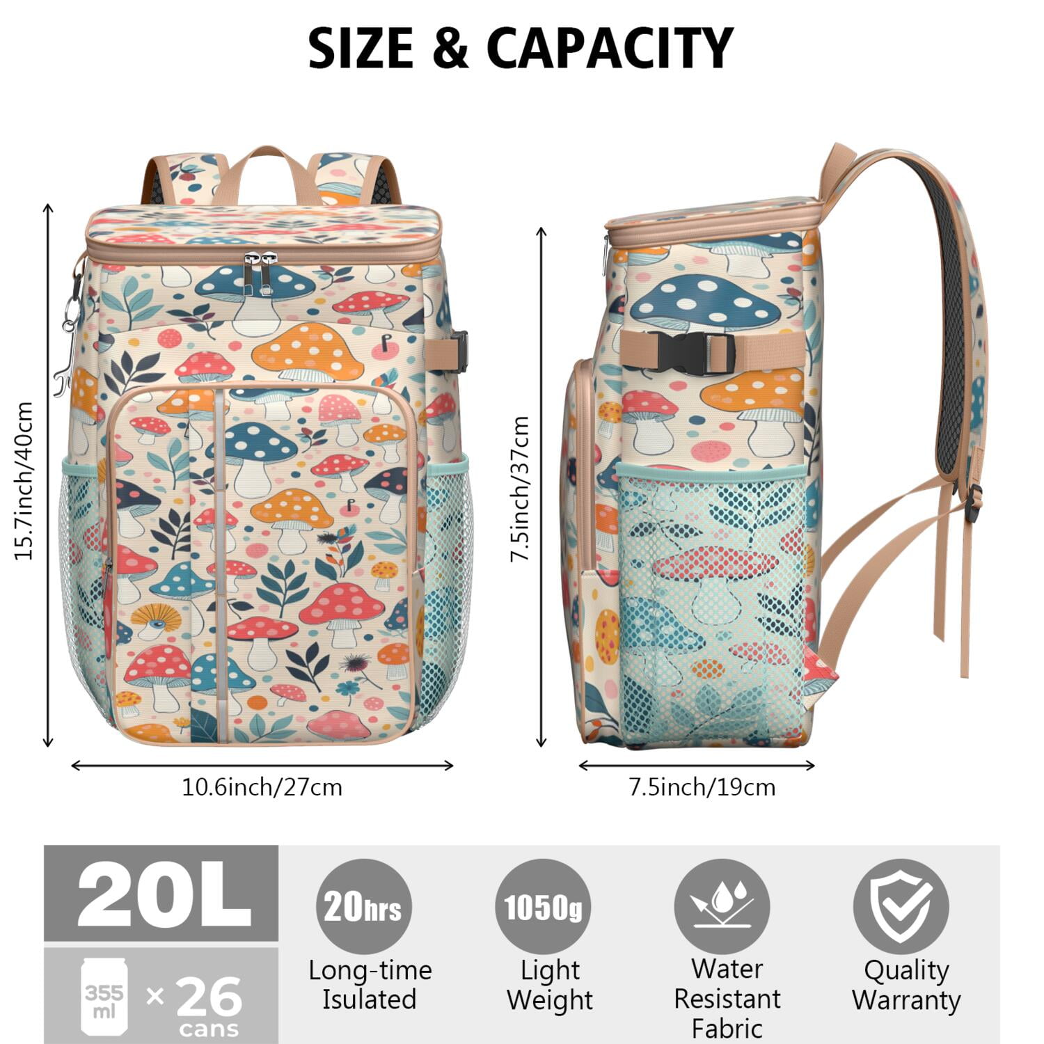 Backpack Cooler,Soft Backpack Coolers Insulated Leak Proof Travel Cooler Bag Waterproof Lunch Picnic Beach Work Trip Thermal Bag Drink Beverage Beer Bag Cooler Mushroom
