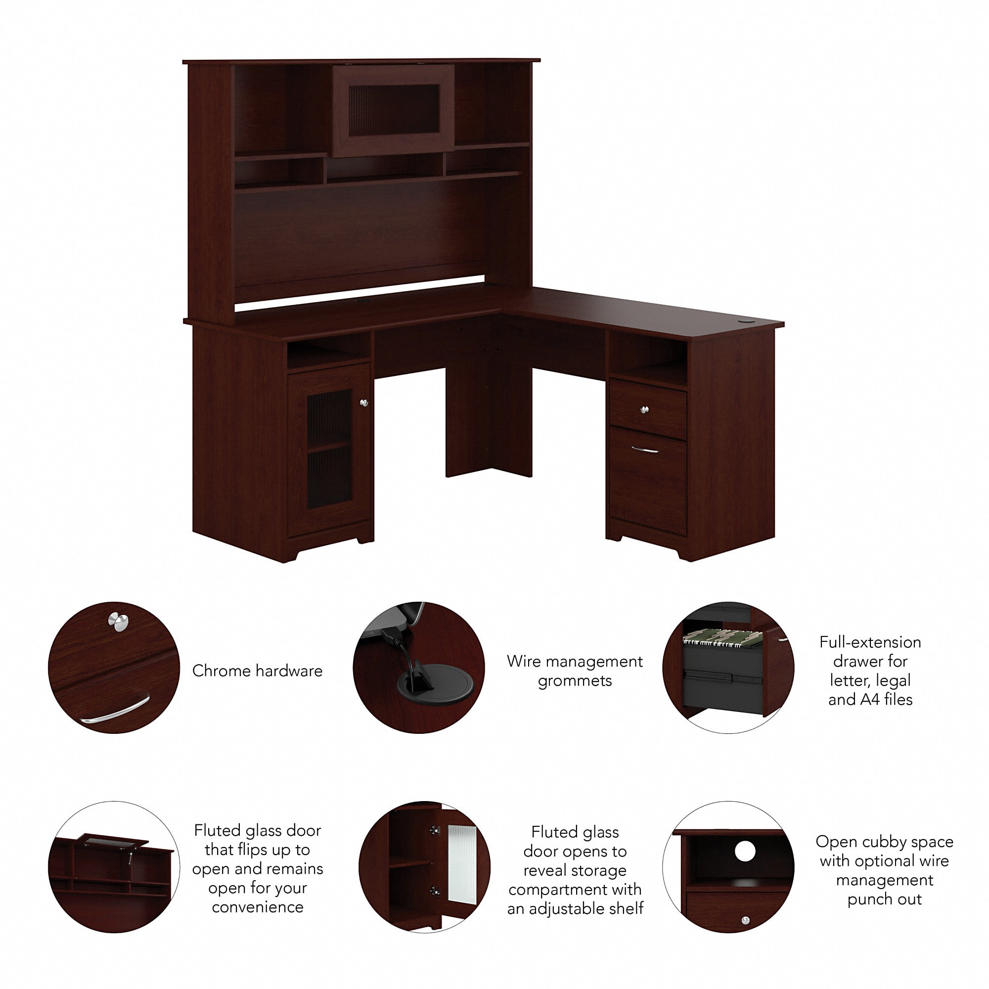Bush Furniture Cabot 60" L Desk and Hutch with Storage, Harvest Cherry