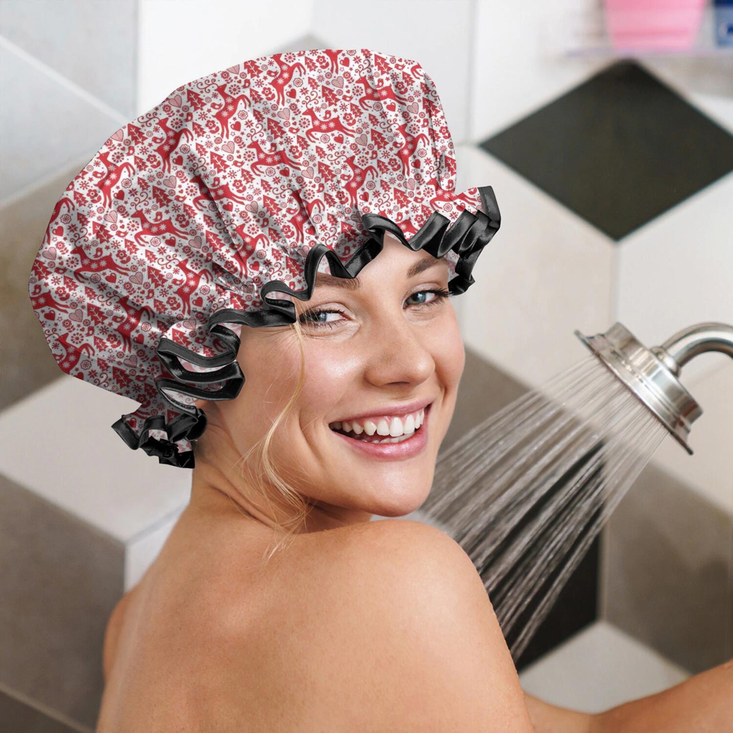 Shower Caps,Red Christmas Reindeer Pattern Waterproof Shower Cap for Women 4 Pieces,Double Reusable Hair Cover for Shower PEVA Elastic Stretch Hem