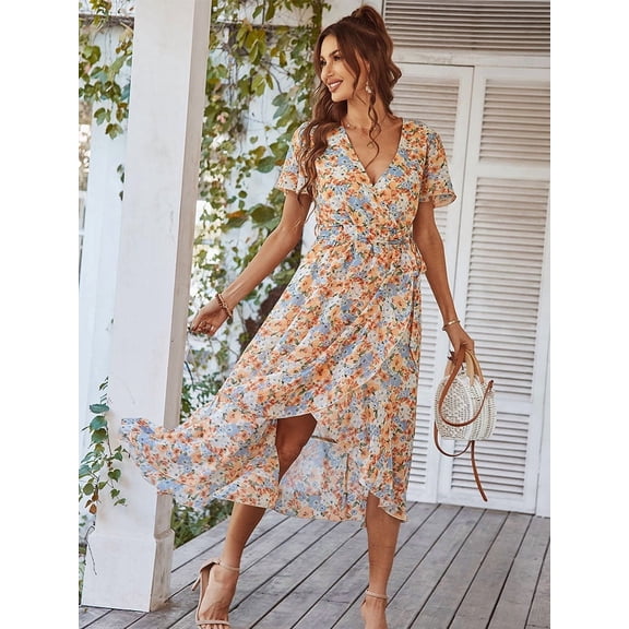 Summer British-Style Women's Dress: V-Neck Ruffled A-Line Dress