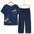 Blue Linen Layered Look Floral Printed Crew Neck Loose Women's Trousers