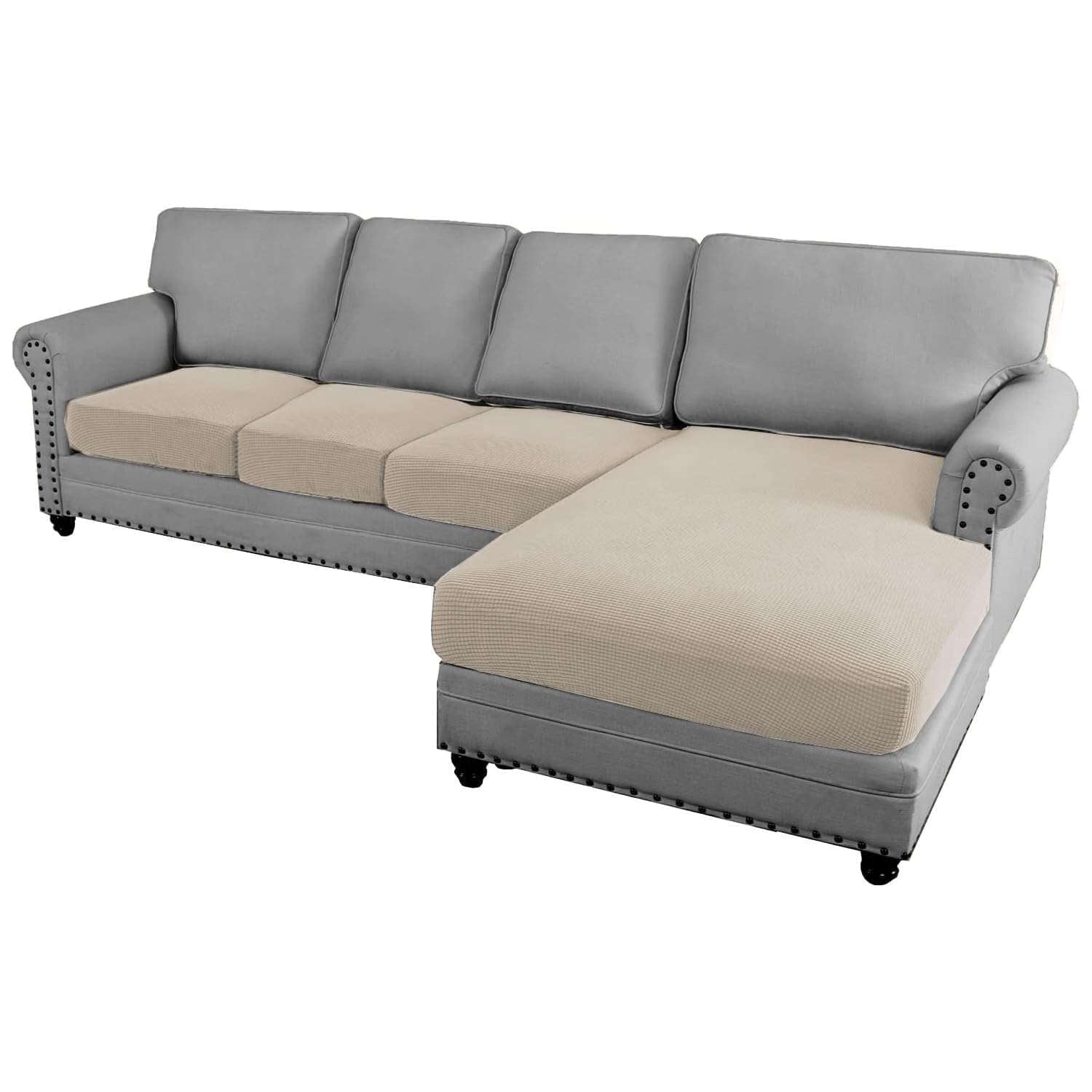 Turquoize 4-Piece Separate Slipcovers Textured Grid Polyester Blend Sectional Couch Sofa Covers for Left/Right L Shape Chaise Lounge Sofa,Island Fossi 3 Seater + 1 Chaise
