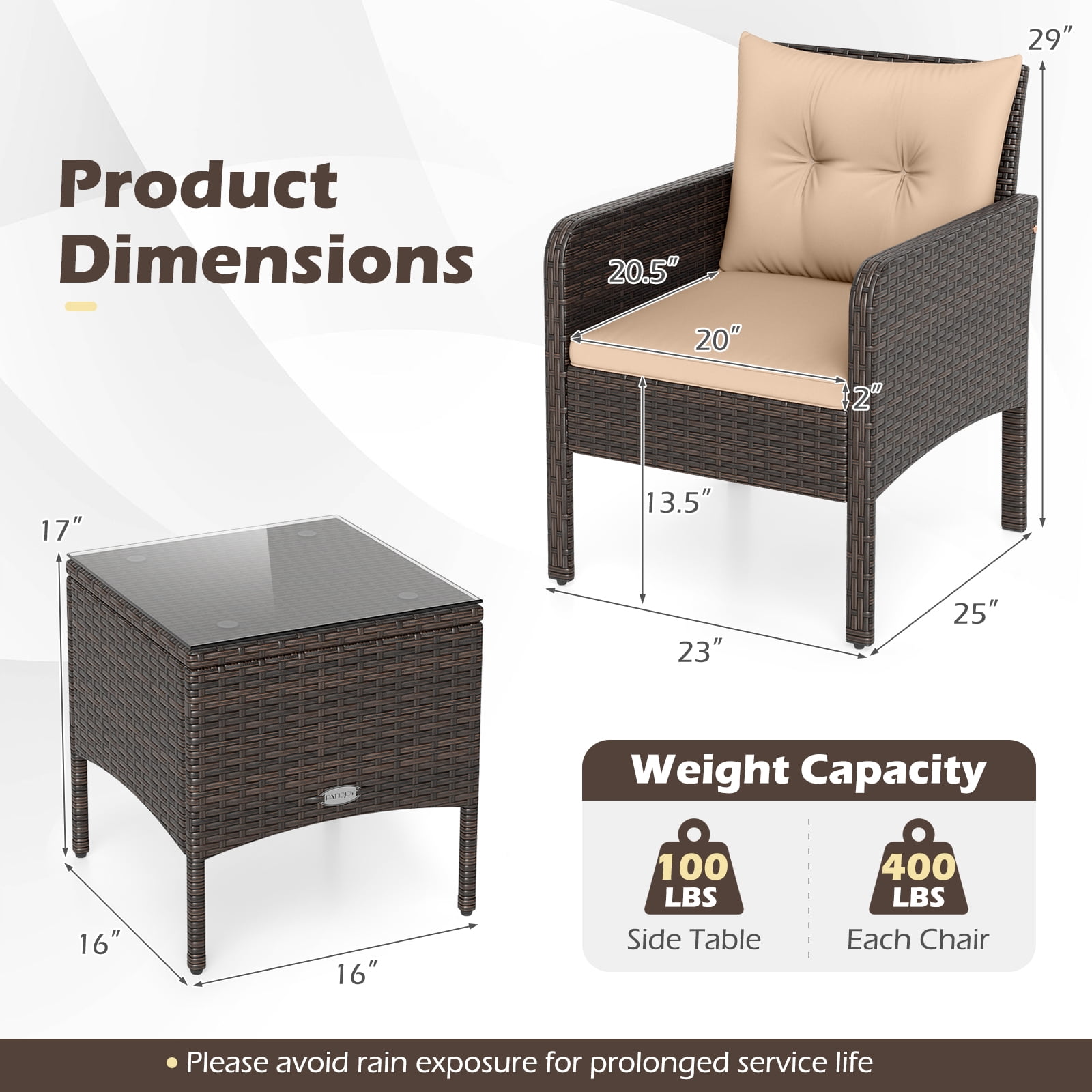 Costway 3PCS Outdoor Rattan Conversation Set Patio Garden Furniture Cushioned Sofa Chair