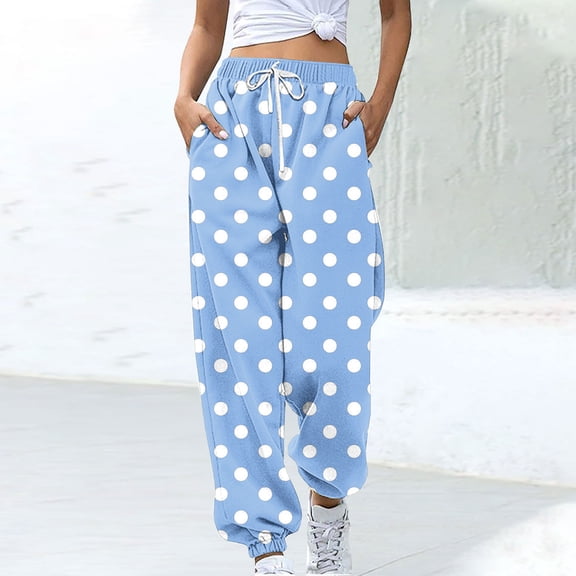 ctdiral Polka Dot Sweatpants for Women Soft Lightweight Joggers Elastic High Waisted Drawstring Long Pants Casual Loose Fit Cozy Athletic Pants with Pockets Light Blue M