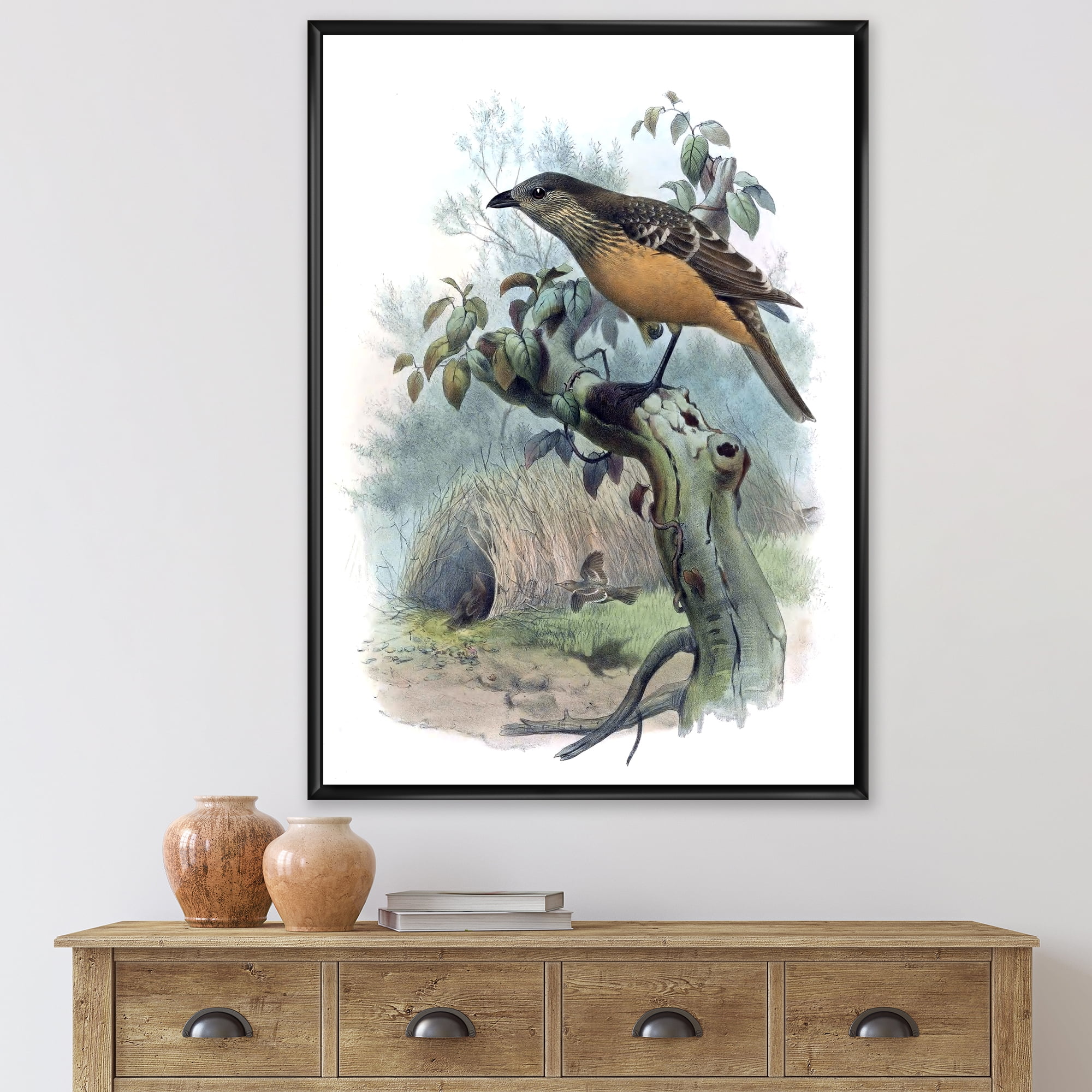 The Paradise Birds on a Tree Branch 16 in x 32 in Framed Painting Canvas Art Print, by Designart