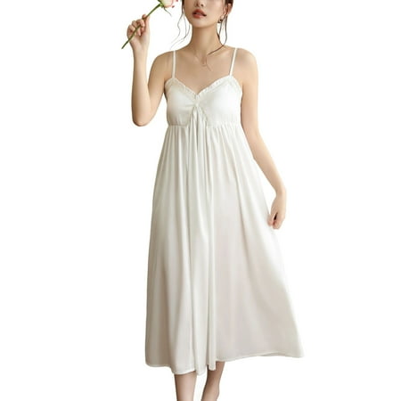 Defitshape Women s Victorian Nightgown Elastic Band Padded Lounge Dress Lingerie Chemise Slip Deep V Neck Vintage Princess Old Fashioned Lounge Dress White Large