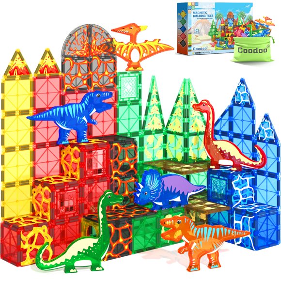 102PCS Dinosaur Toys Magnetic Tiles with 8 Dinosaurs - Jurassic Scenes Dinosaur World Adventure Set, Magnetic Blocks Kids Toys for Boys & Girls Ages 3+, S