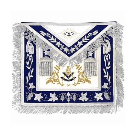 Past Master Blue Lodge Apron – White with Blue Bullion Gold & Silver Hand Embroidery(Synthetic)