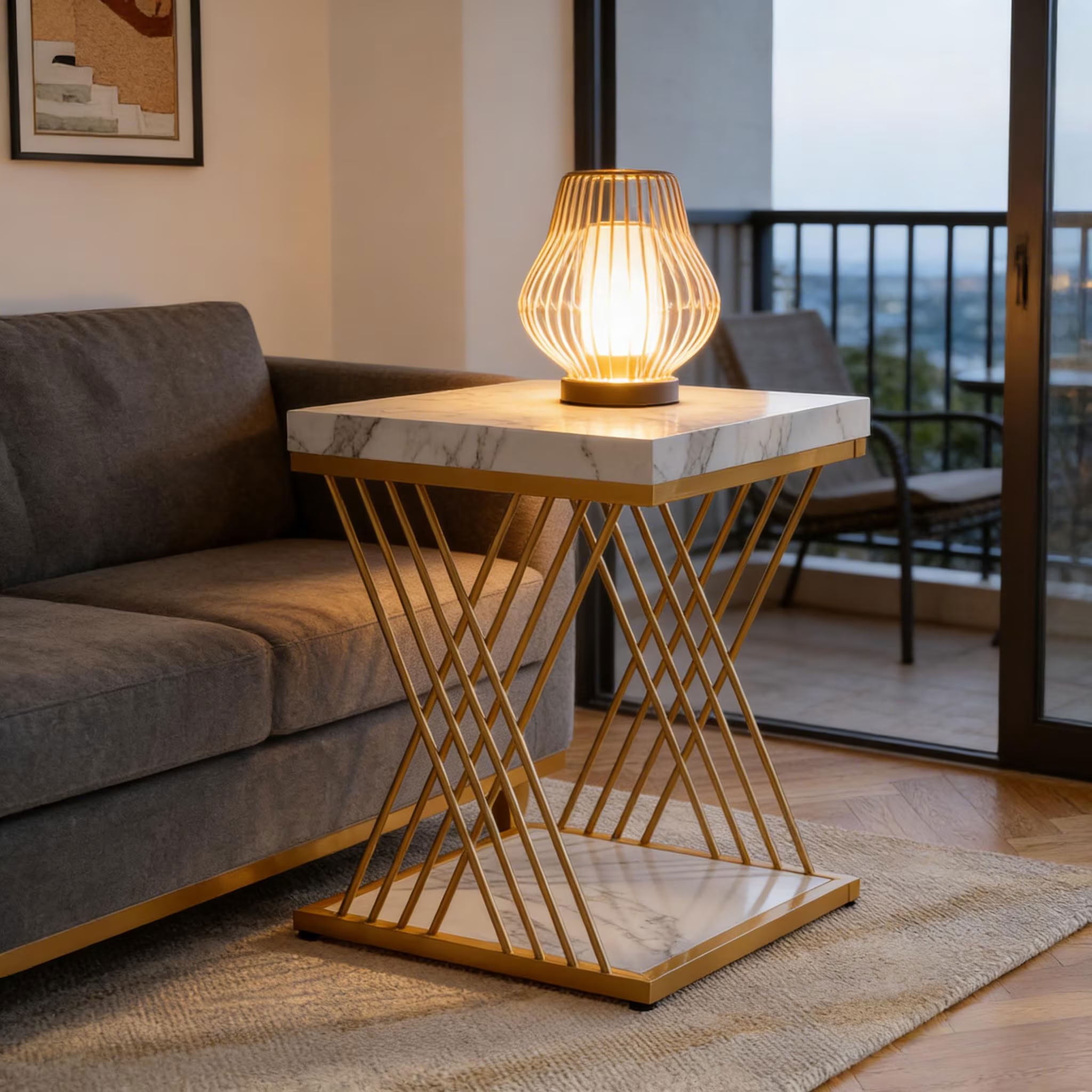 MAYEERTY 2-Tier Square End Table, Modern Gold Metal Side Table with Faux Marble Top, for Living Room, Bedroom