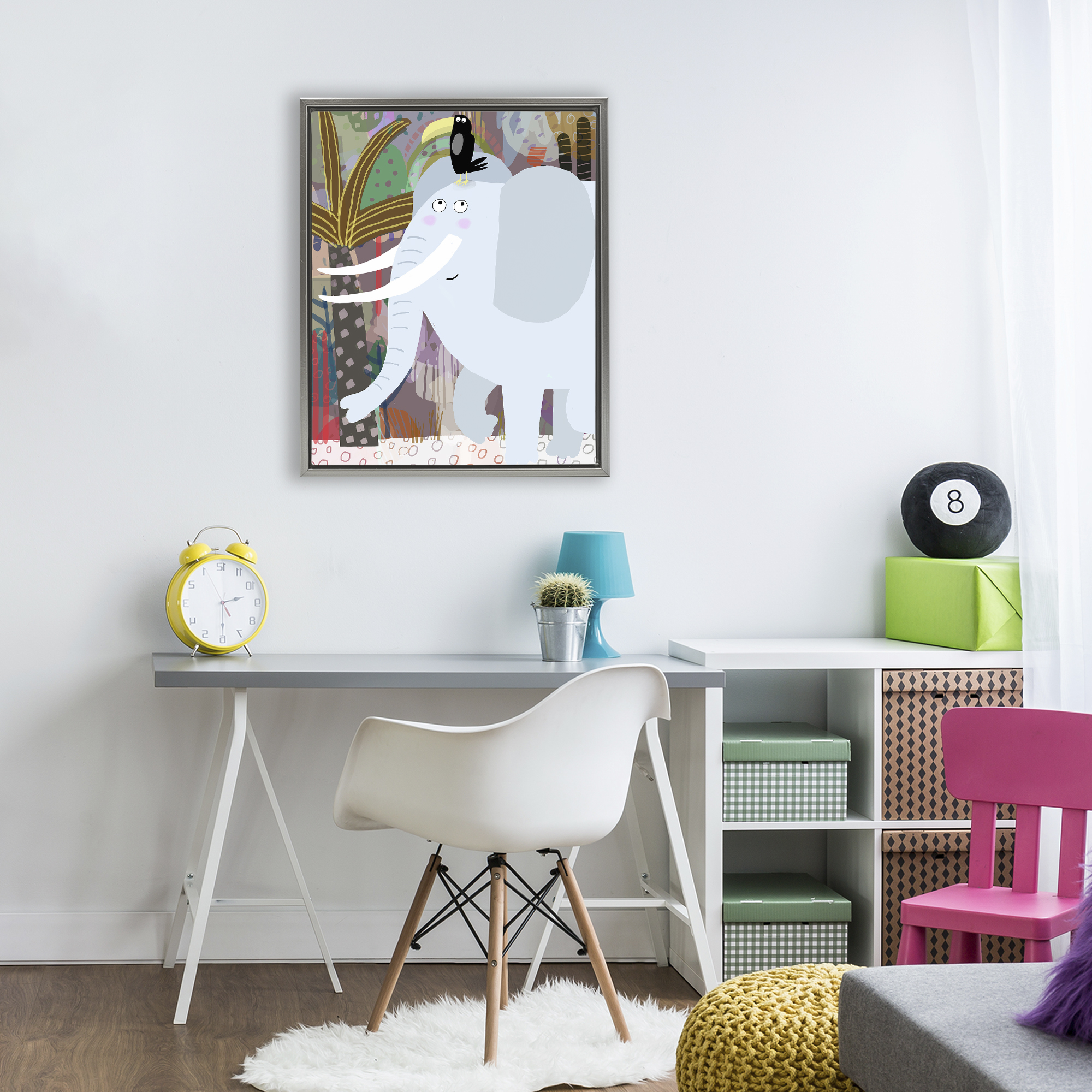 Elephant & Toucan in Jungle Gray Framed Floater Canvas Wall Art, design by Carla Daly