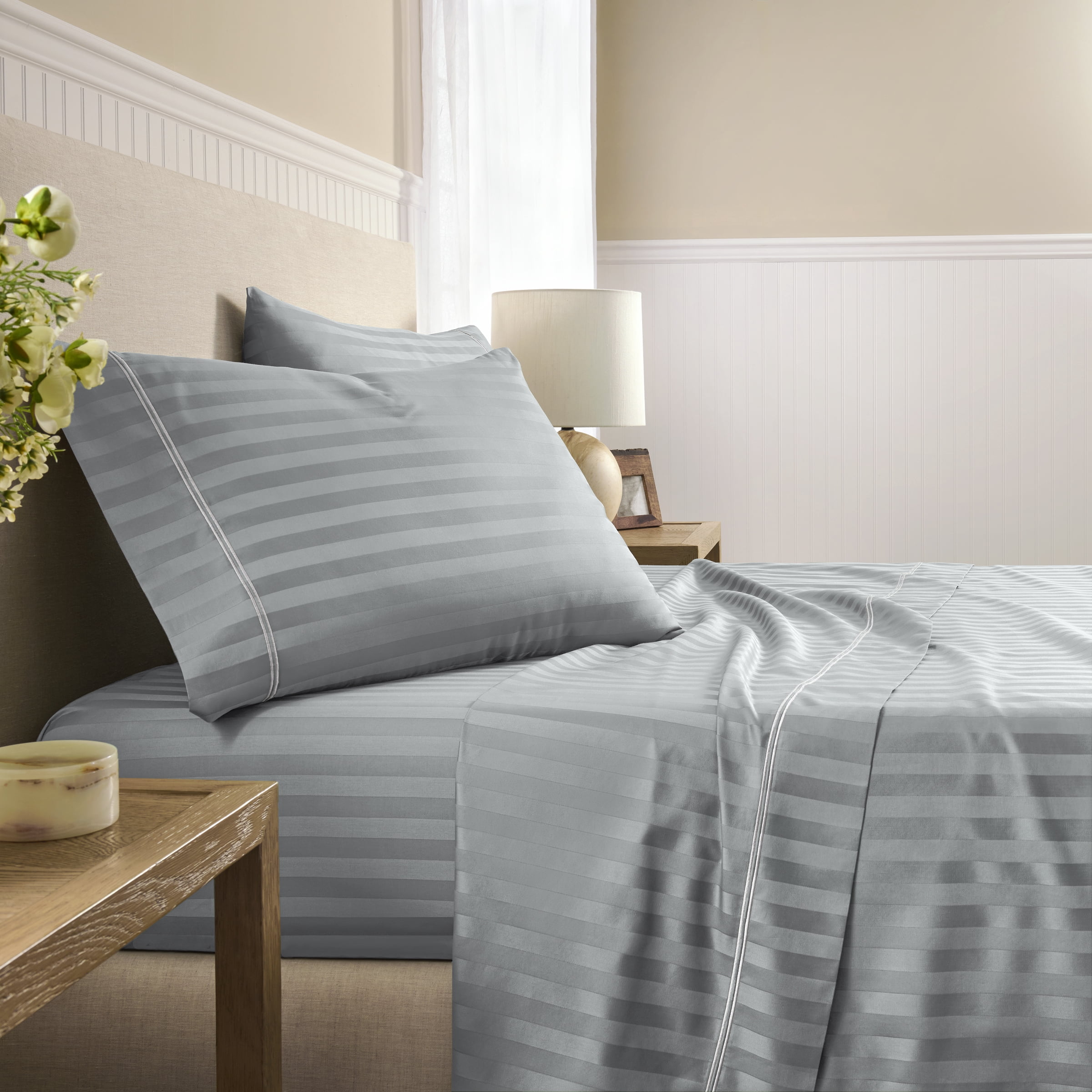 Wamsutta 1846 4-Piece 650 Thread Count Gray Flannel Stripe Egyptian Giza Cotton Sateen Bed Sheets, King-Deep Pocket