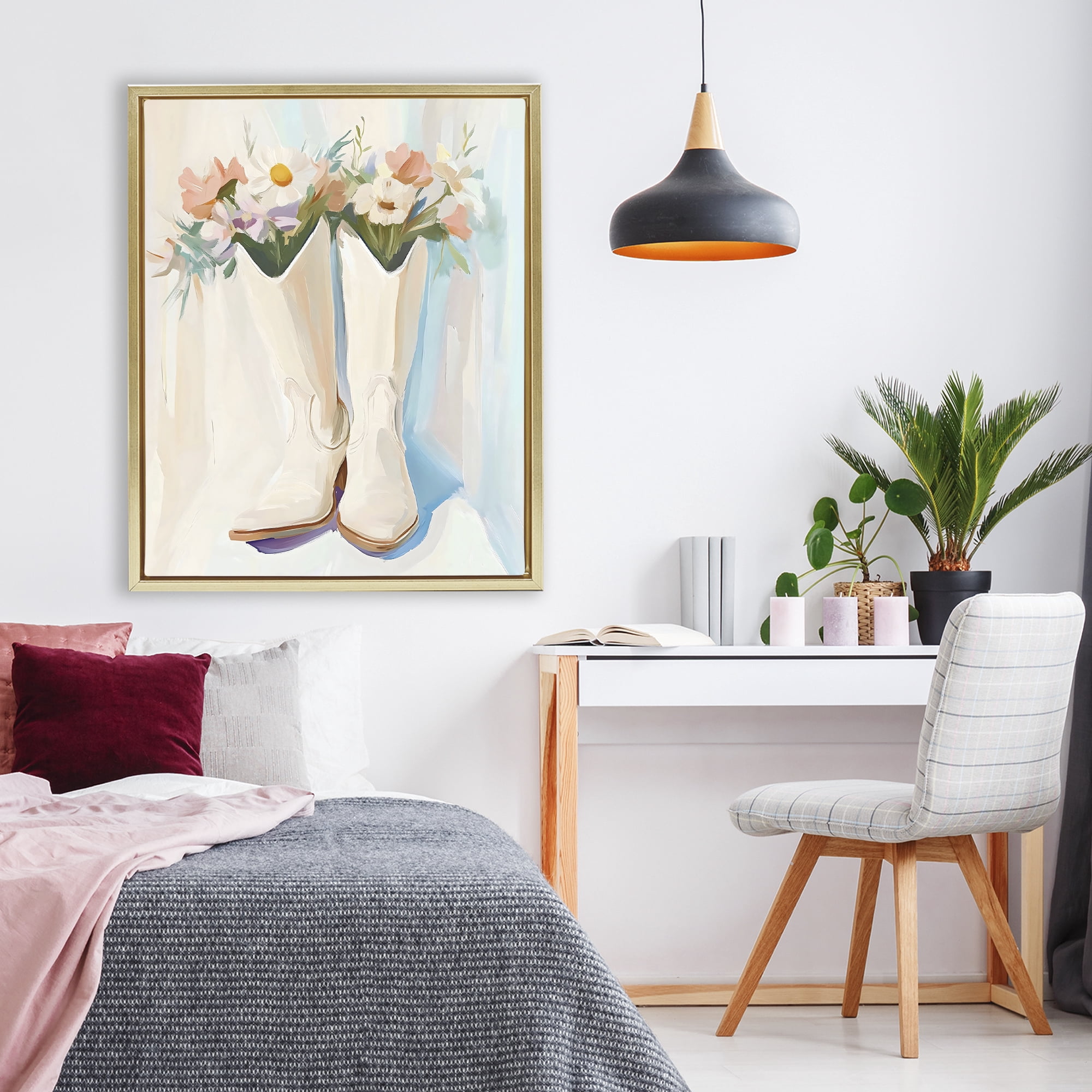 Stupell Industries Floral White Cowgirl Boots Gold Framed Floater Canvas Wall Art, design by The Prints Vibe