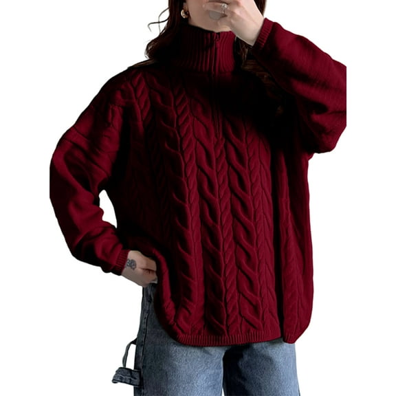 Women'S Long Sleeve Half Turtle-Neck Sweater with Zipper Autumn and Winter Casual Ribbed Knit Pullover Wine Red L