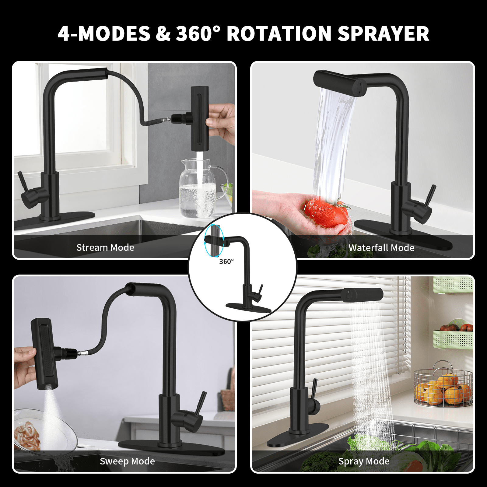 PHANCIR Kitchen Faucet with 4 Modes 15.7" Pull Down Sprayer, 360° Swivel Stainless Steel with No-Leak Ceramic Valve, Easy Install for Farmhouse Camper Laundry RV Bar, Black