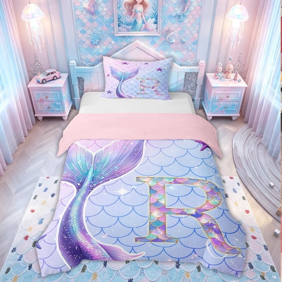 meiyoeat Mermaid Princess Scale Twin Duvet Cover for Girls, Sparkle Initial R Twin Bedding for Kids, Purple Blue, Pink Reversible 2-Piece, 1 Duvet Cover and 1 Pillowcase (No Comforter)